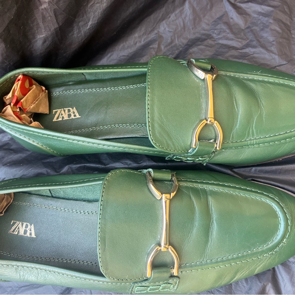 Zara Green Leather Loafers with Gold Horsebit